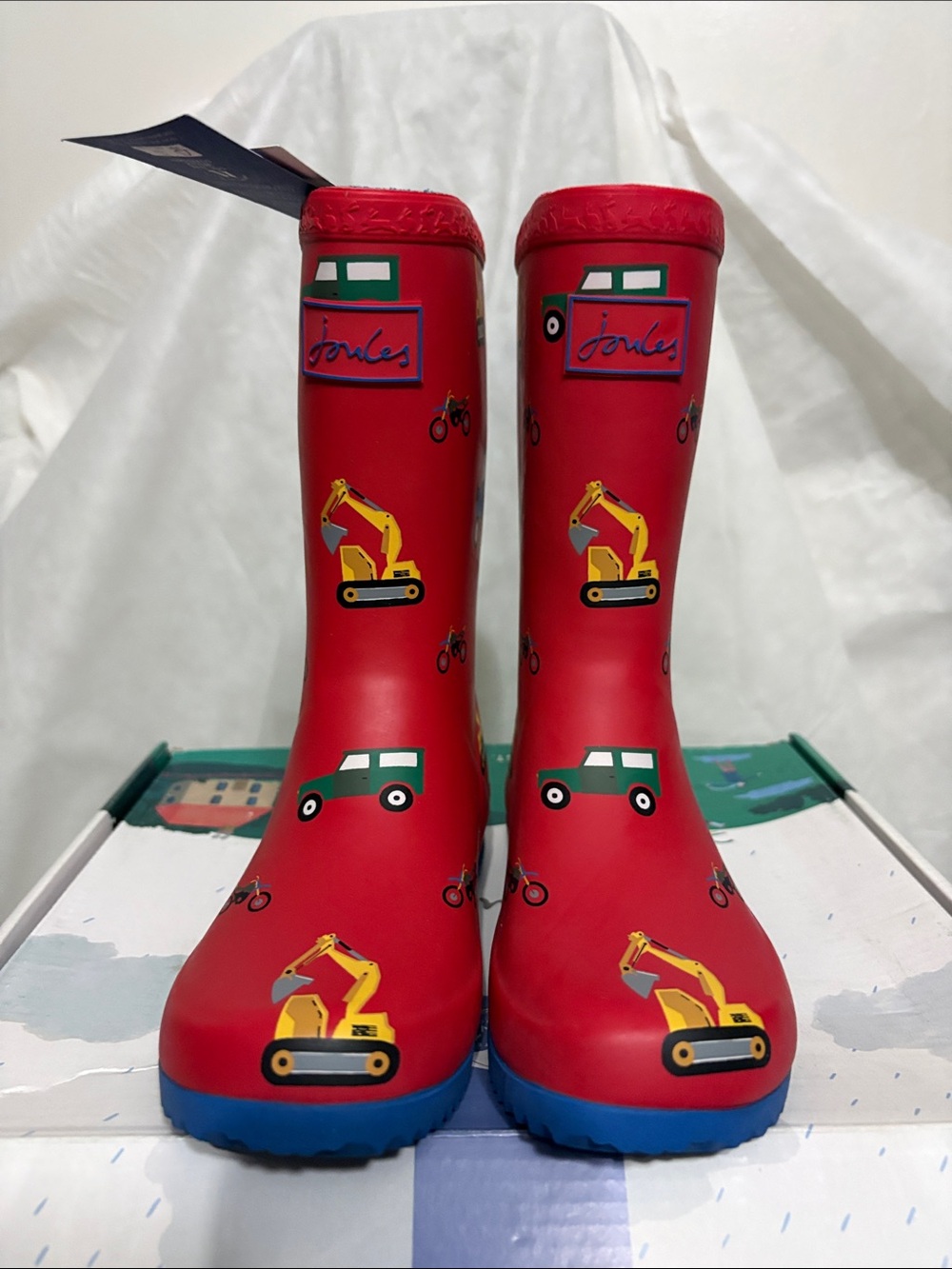 Joules Kids' Red Construction & Car Rain Boots size IS 1 NWT